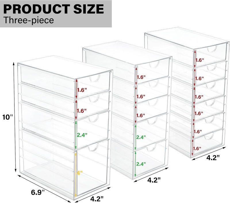 Prsildan Acrylic Drawer Organizer with 15 Drawers, Makeup Craft Office Desk Organizers Accessories, Set of 3 Clear Stackable Storage Drawers for Vanity, Countertop, Jewelry, Art Supply Organization - Image 3